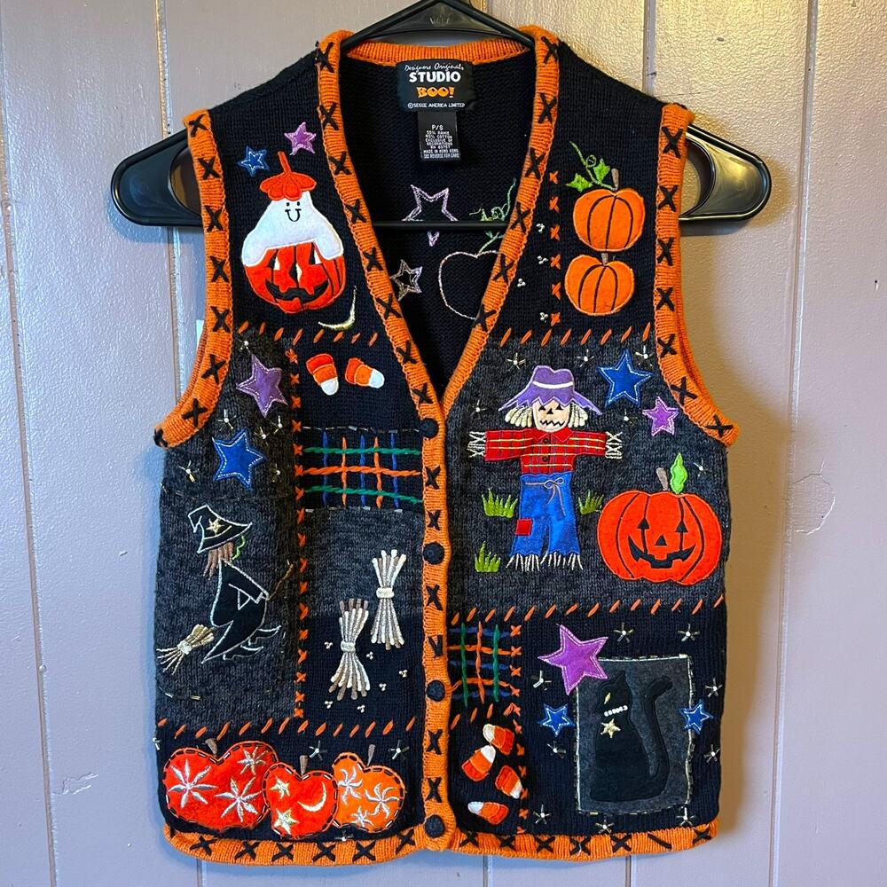 Vintage 90s Studio Boo Halloween Sweater Vest P/S Pumpkin Witch Cat Embroidered